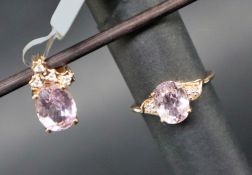 Gemporia - A 9ct gold kunzite and diamond ring, set with oval kunzite and round diamonds,