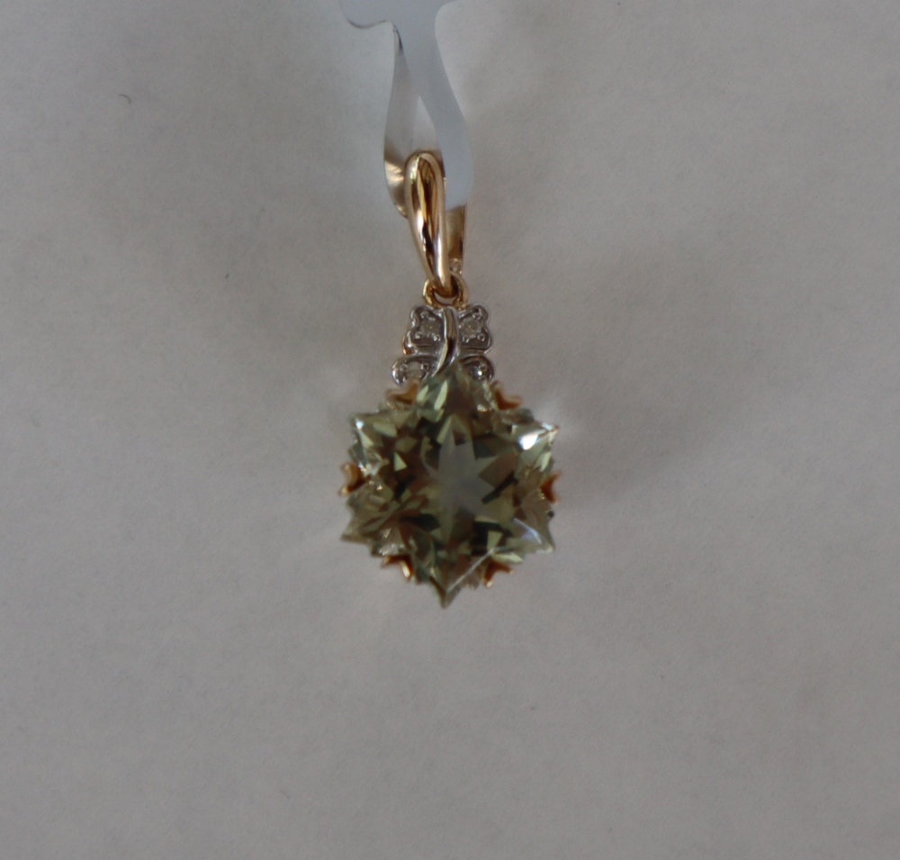 Gemporia - A 9ct gold prasiolite and diamond pendant,