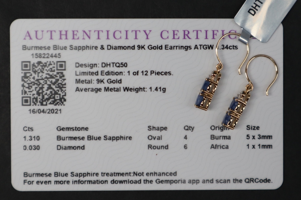 Gemporia - A pair of 9ct gold blue sapphire and diamond earrings, - Image 6 of 6