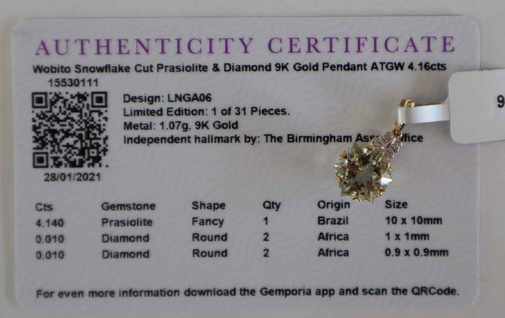 Gemporia - A 9ct gold prasiolite and diamond pendant, - Image 6 of 6