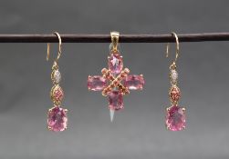 Gemporia - A pair of 9ct gold pink fluorite, tourmaline and diamond earrings,