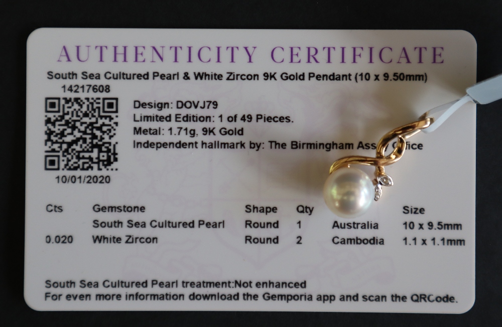 Gemporia - A 9ct gold cultured pearl and white zircon pendant, - Image 7 of 7