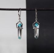 Gemporia - A pair of 9ct white gold blue topaz, optic quartz, turquoise and diamond earrings,