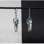 Gemporia - A pair of 9ct white gold blue topaz, optic quartz, turquoise and diamond earrings,