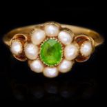 ANTIQUE DEMANTOID GARNET AND PEARL CLUSTER RING