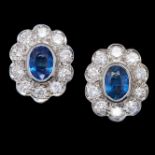 PAIR OF SAPPHIRE AND DIAMOND CLUSTER EARRINGS