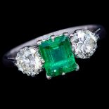 EMERALD AND DIAMOND 3-STONE RING