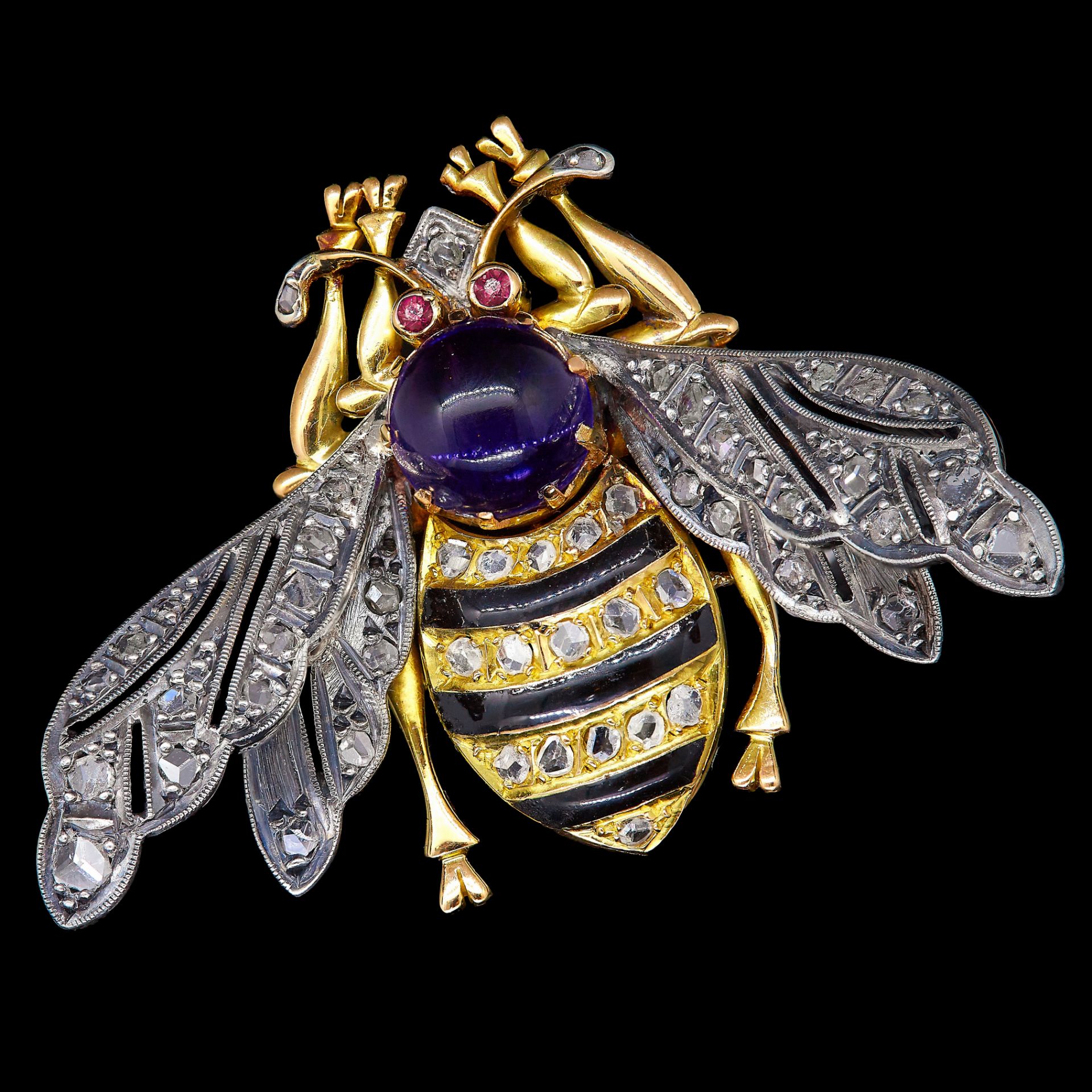 DIAMOND, AMETHYST RUBY AND ENAMEL BUMBLE BEE BROOCH/PENDANT