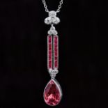 NO RESERVE, DIAMOND, RUBY AND TOURMALINE DROP PENDANT NECKLACE