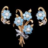 NO RESERVE, BLUE ZIRCON DIAMOND AND PEARL FLORAL BROOCH AND PAIR OF EARRINGS