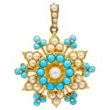NO RESERVE, ANTIQUE VICTORIAN TURQUOISE AND PEARL STAR PENDANT/BROOCH