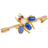 NO RESERVE, ANTIQUE VICTORIAN SAPPHIRE PEARL AND RUBY FLY BROOCH