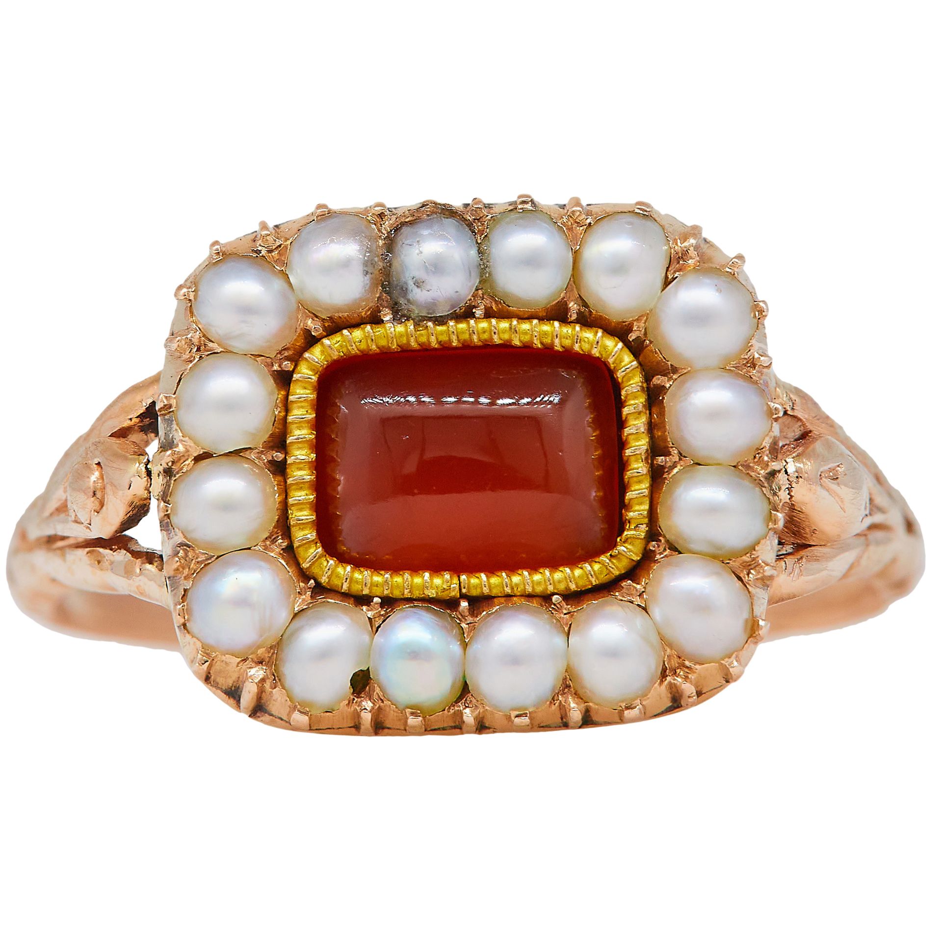 NO RESERVE, CARNELIAN AND PEARL CLUSTER RING