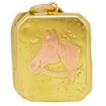 ANTIQUE 2 COLOUR LOCKET PENDANT WITH HORSE, IN HIGH CARAT GOLD.