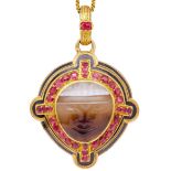 ANTIQUE CARVED AGATE, RUBY AND ENAMEL LOCKET PENDANT