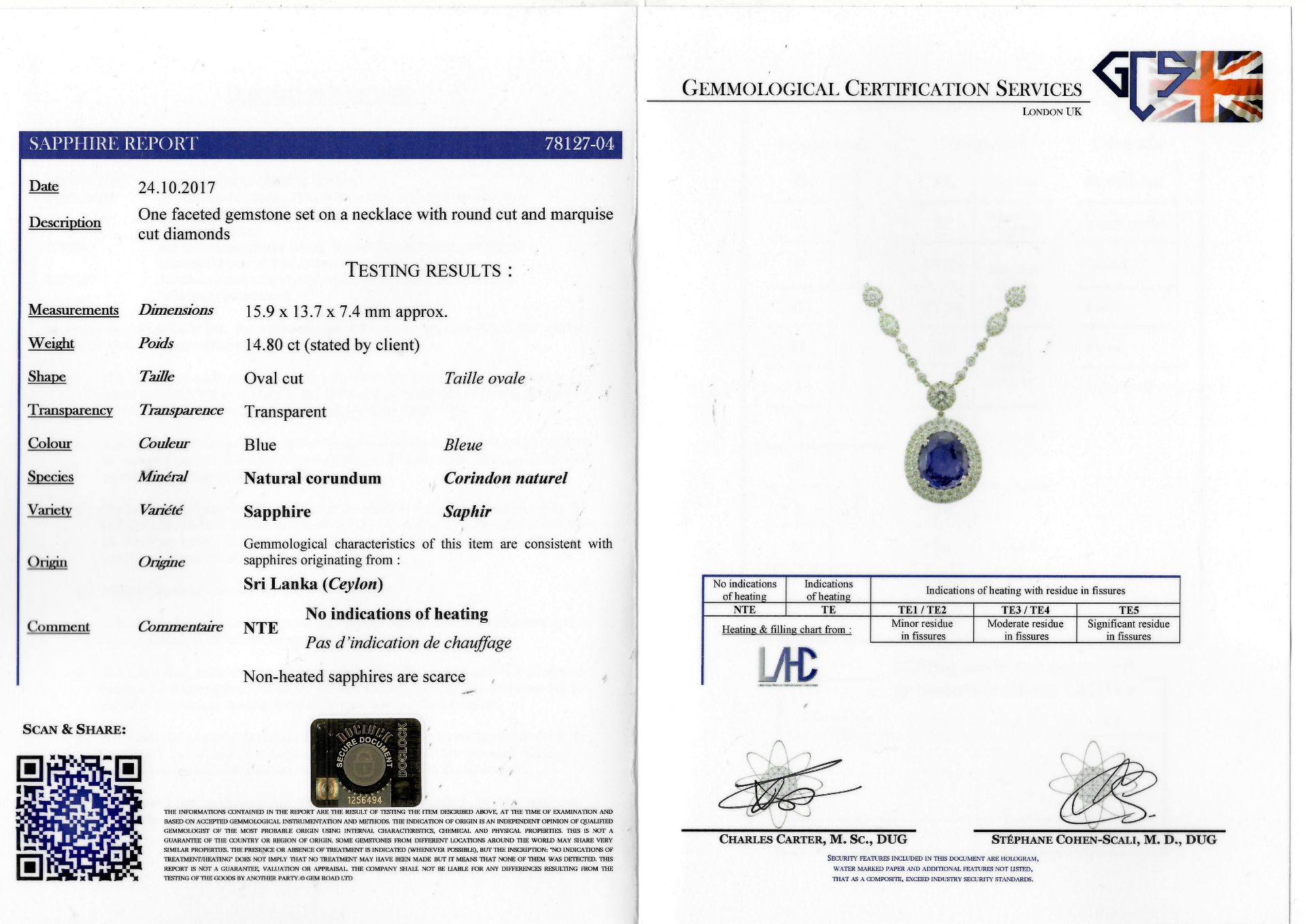 IMPORTANT CERTIFICATED 14.80 CT. CEYLON NO HEAT BLUE SAPPHIRE AND DIAMOND RING - Image 2 of 2