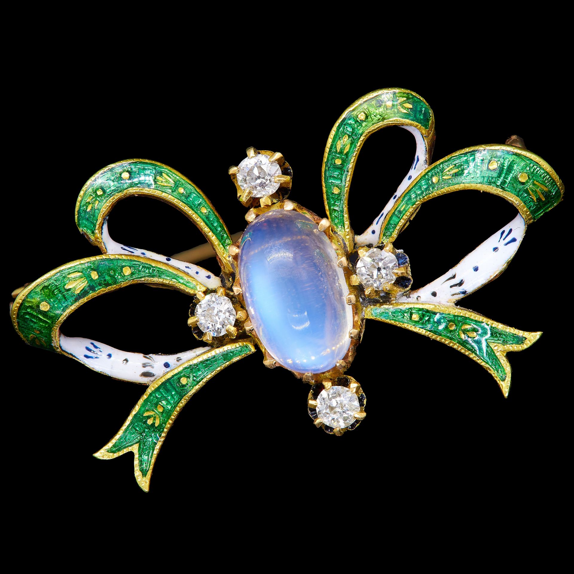 VICTORIAN ENAMEL DIAMOND AND MOONSTONE BROOCH