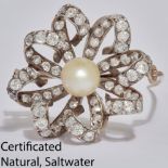 CERTIFICATED NATURAL SALTWATER PEARL AND DIAMOND BROOCH