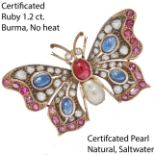 CERTIFICATED NATURAL SALTWATER PEARL, RUBY SAPPHIRE AND DIAMOND BUTTERFLY BROOCH