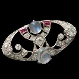 MOONSTONE, RUBY AND DIAMOND BROOCH