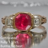 GEORGIAN CERTIFICATED 1.10 CT. BURMA NOT HEAT RUBY AND DIAMOND 3-STONE RING,