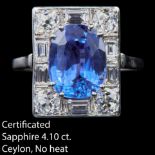 CERTIFICATED CEYLON SAPPHIRE AND DIAMOND CLUSTER RING