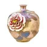 JAPANESE SILVER VASE WITH ENAMEL AND RELIEF FLORAL DECORATION