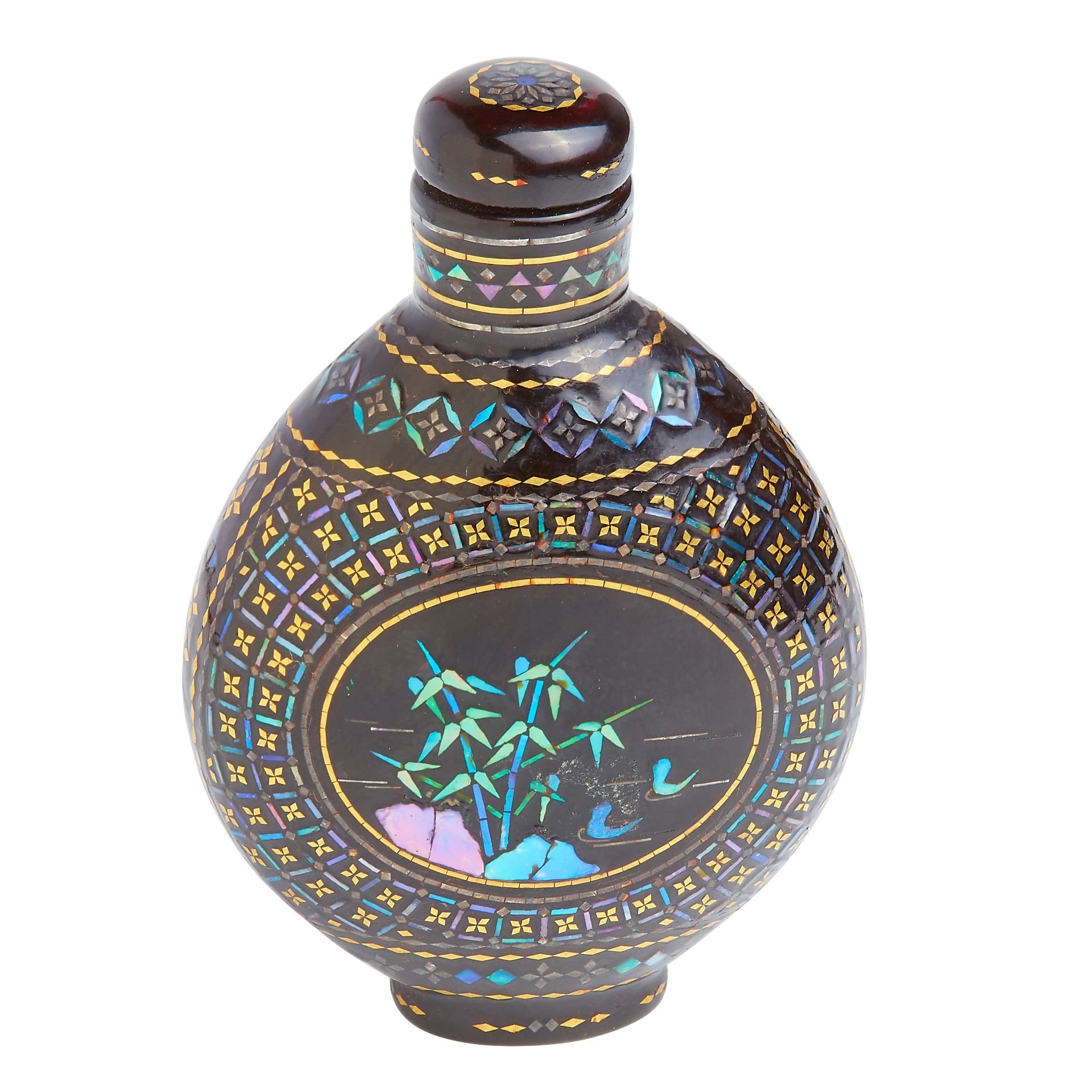 A BURGAUTE LACQUER AND MOTHER OF PEARL SNUFF BOTTLE