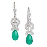 PAIR OF EMERALD AND DIAMOND DROP EARRINGS