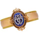 ANTIQUE DIAMOND AND ENAMEL DOUBLE HEART HINGED BANGLE