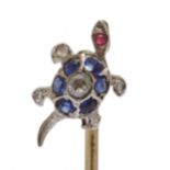 SAPPHIRE DIAMOND AND RUBY TURTLE TIE PIN