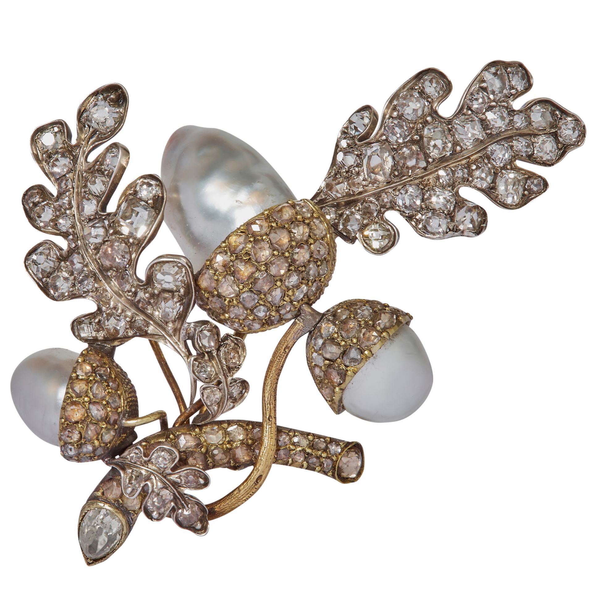 ROYAL GIFT BY KING CHRISTIAN VIII OF DENMARK, IMPORTANT ANTIQUE NATURAL PEARL AND DIAMOND ACORN BROO