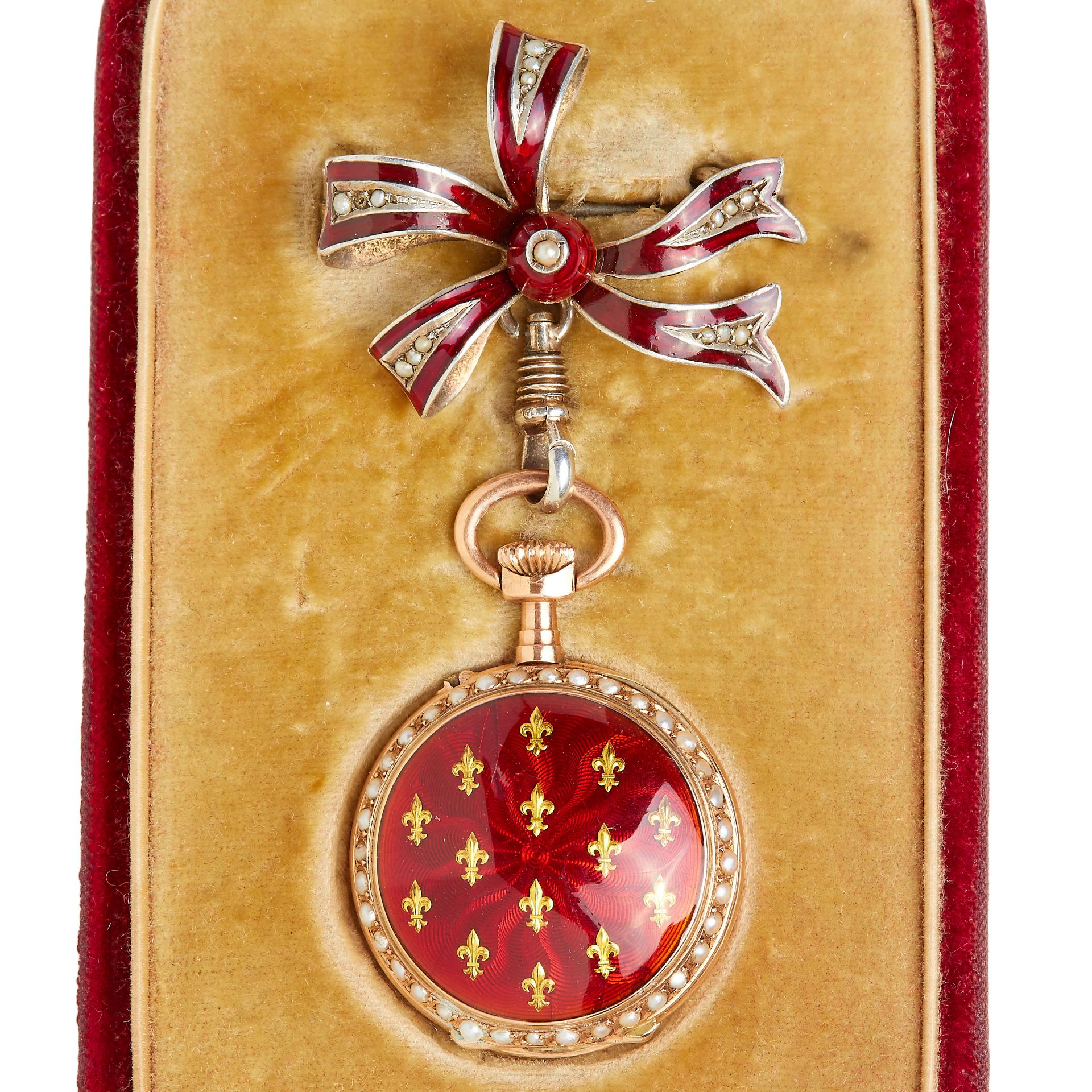 STUNNING SWISS GUILLOCHE ENAMEL & PEARL FOB WATCH