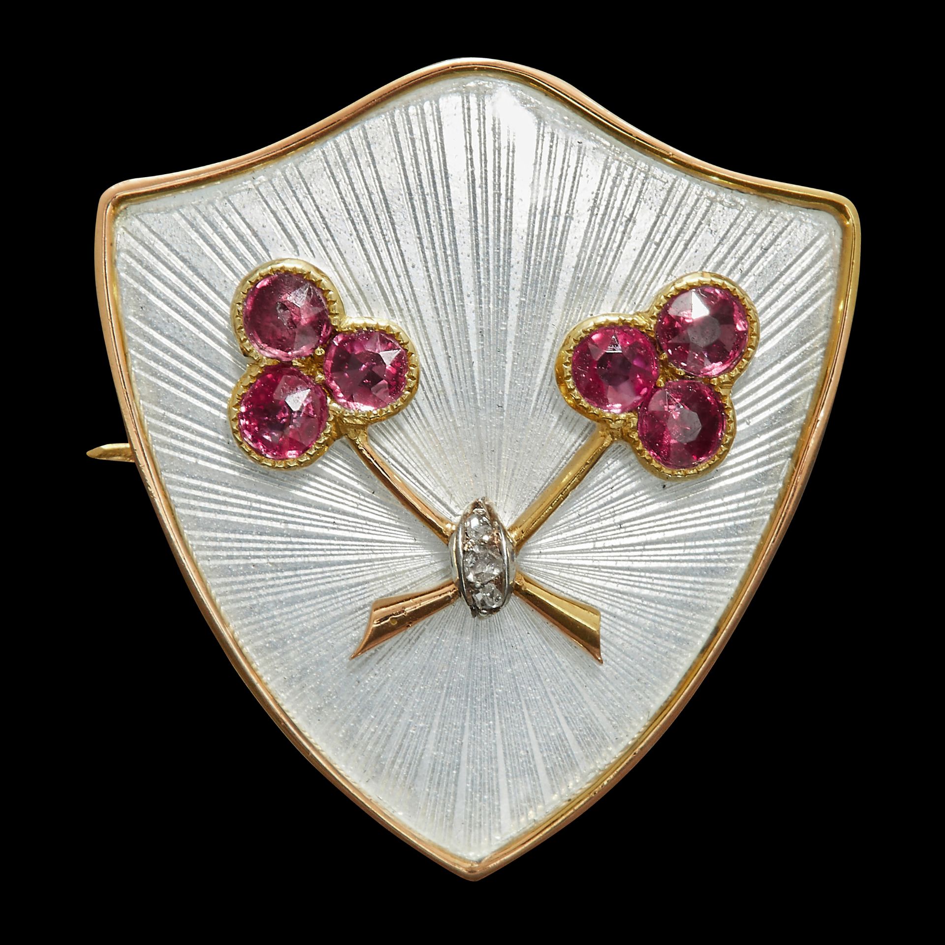 NO RESERVE, RUSSIAN RUBY DIAMOND AND ENAMEL SHIELD BROOCH