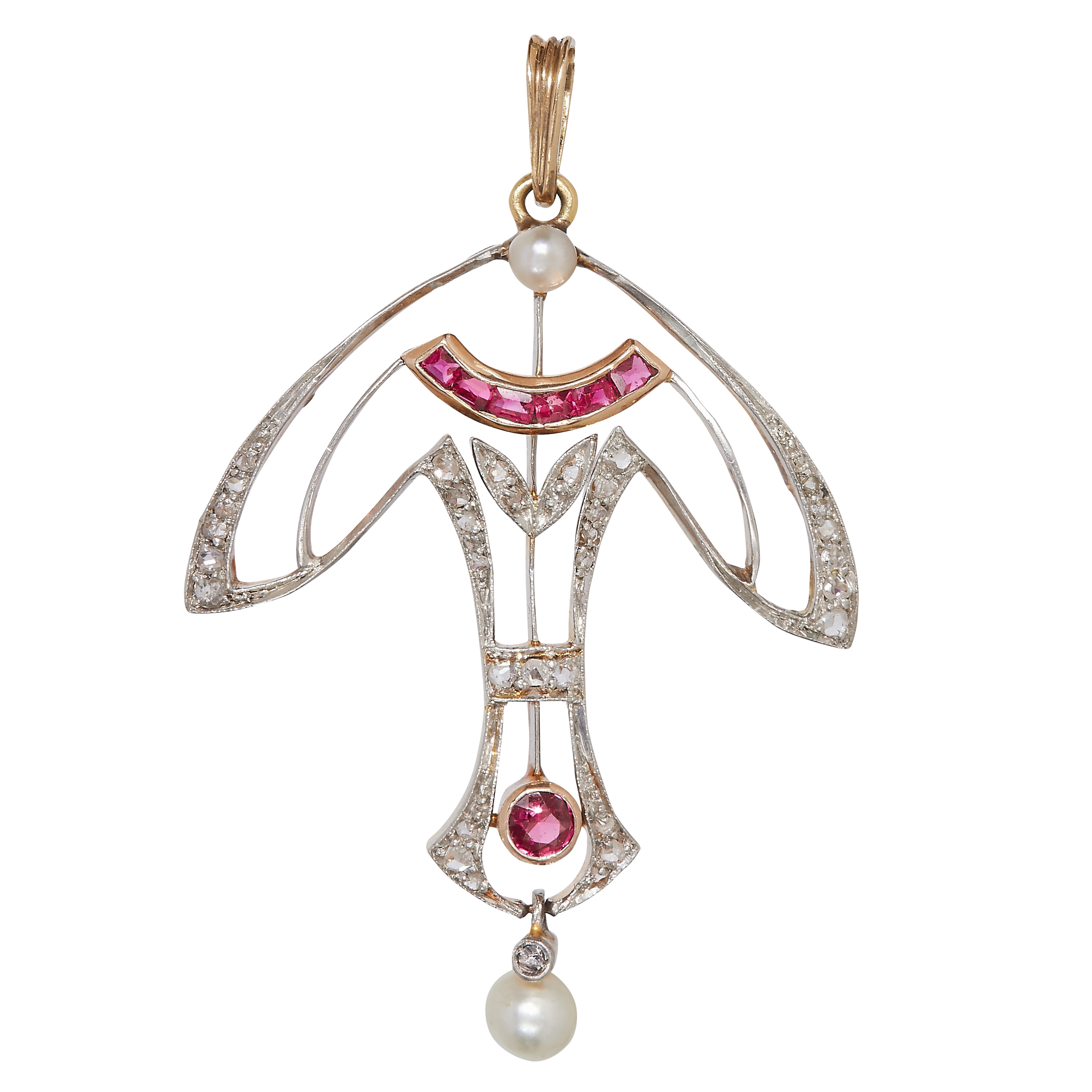 EDWARDIAN DIAMOND RUBY AND PEARL PENDANT