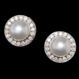 PAIR OF SOUTH SEA PEARL AND DIAMOND CLUSTER EARRINGS