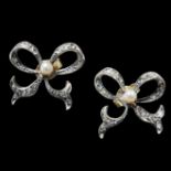 PAIR OF PEARL AND DIAMOND BOW EARRINGS