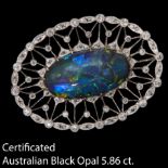 CERTIFICATED EDWARDIAN BLACK OPAL AND DIAMOND BROOCH