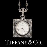 TIFFANY & CO, RARE EDWARDIAN DIAMOND PEARL AND ENAMEL FOB WATCH WITH NECKLACE