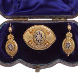 VICTORIAN ENAMEL AND PEARL BROOCH AND PAIR OF EARRINGS