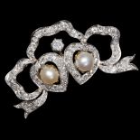 EDWARDIAN PEARL AND DIAMOND DOUBLE HEART BOW BROOCH