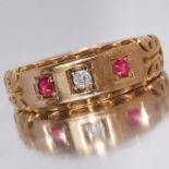 VICTORIAN DIAMOND AND RUBY THREE STONE RING