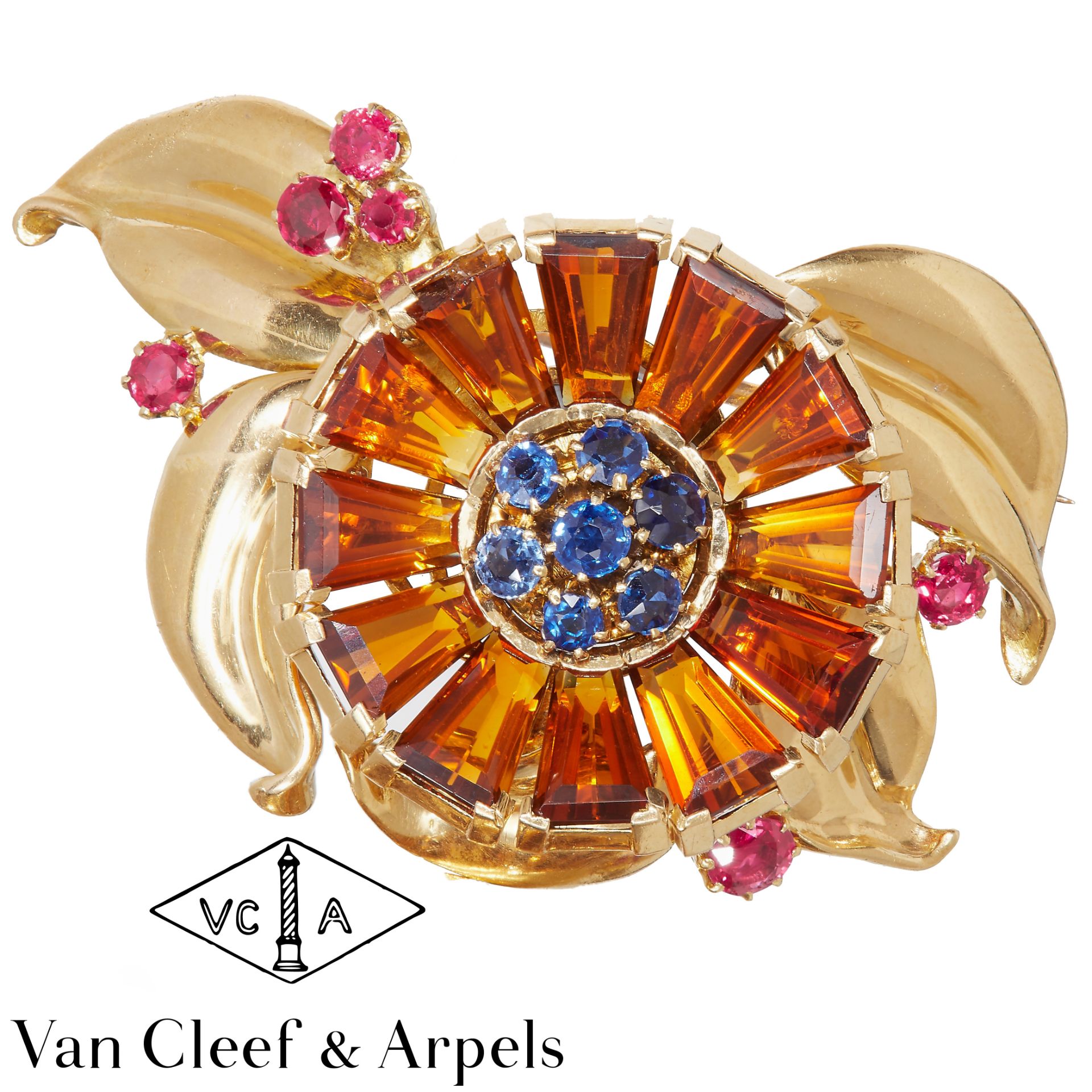 VAN CLEEF & ARPELS, RETRO CITRINE, SAPPHIRE AND RUBY FLORAL BROOCH