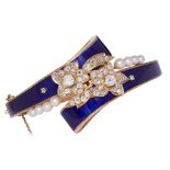 DIAMOND PEARL AND ENAMEL HINGED BANGLE