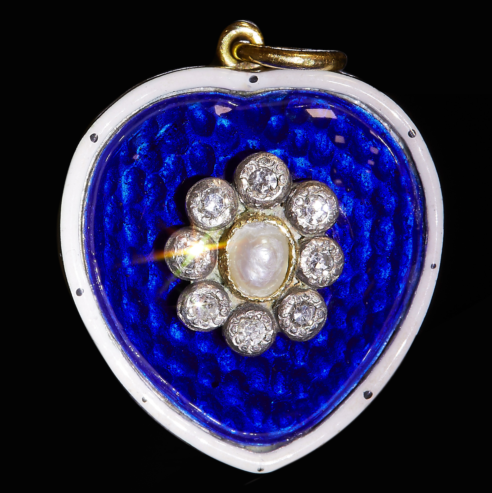 VICTORIAN ENAMEL PEARL AND DIAMOND HEART SHAPED PENDANT