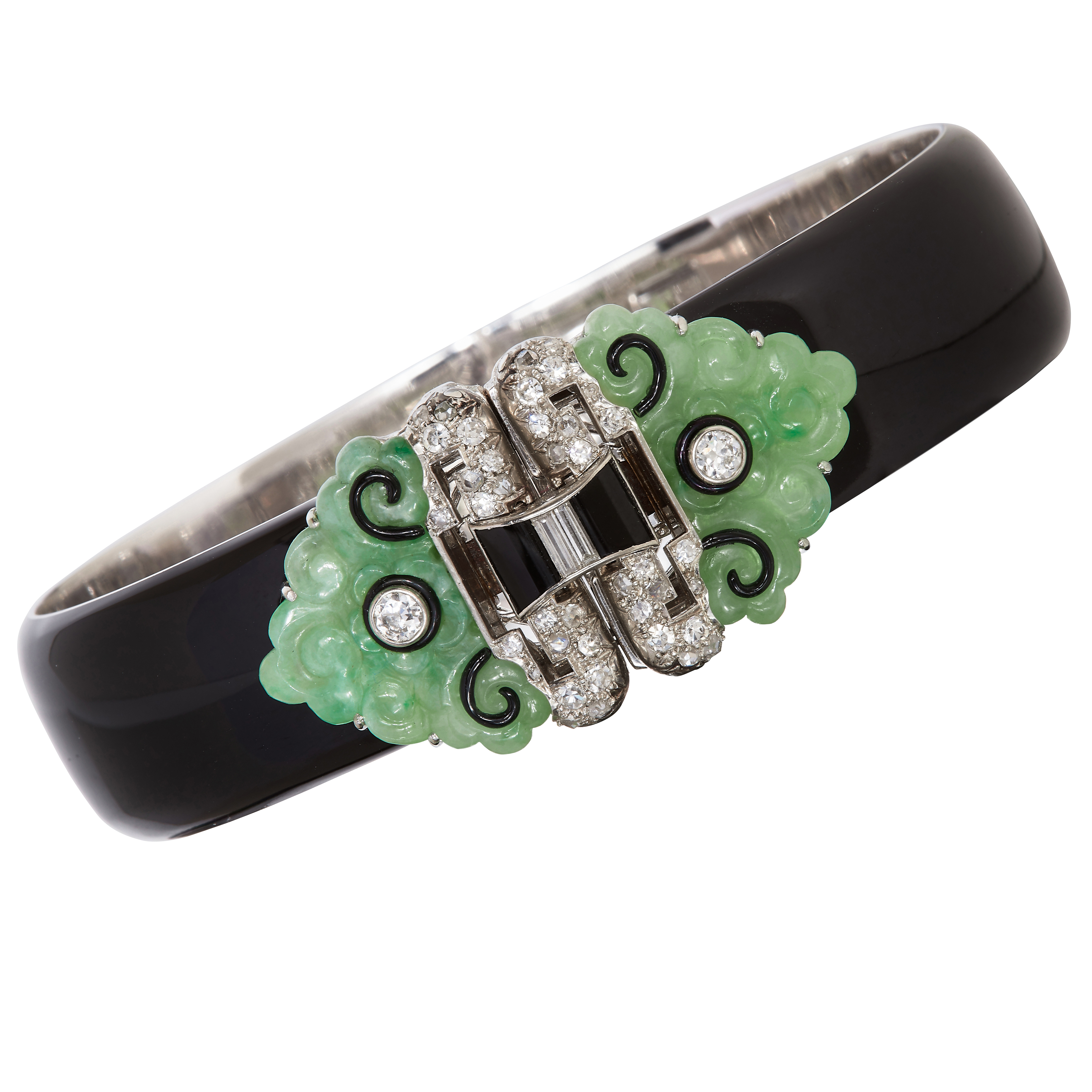 POSSIBLY BOUCHERON IMPORTANT ART DECO JADE AND DIAMOND DOUBLE CLIP BROOCH BANGLE