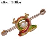 ALFRED PHILLIPS, ENAMEL AND PEARL DOLPHIN BROOCH