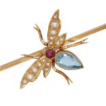 VICTORIAN AQUAMARINE, RUBY AND PEARL FLY BROOCH
