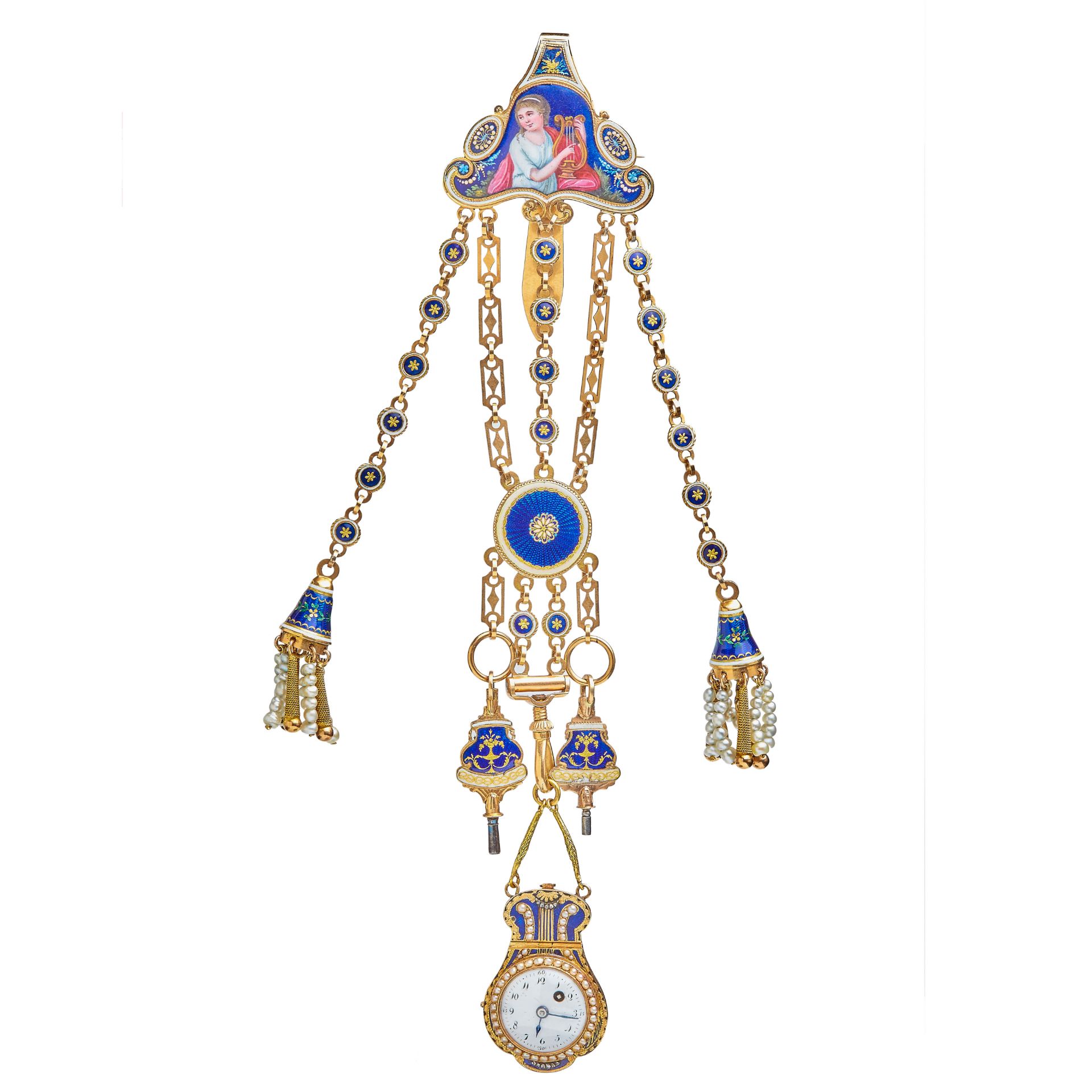 IMPORTANT GOLD AND ENAMEL POCKETWATCH CHATELAINE