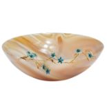 POLISHED AGATE BOWL WITH FLORAL GOLD AND ENAMEL APPLIQU